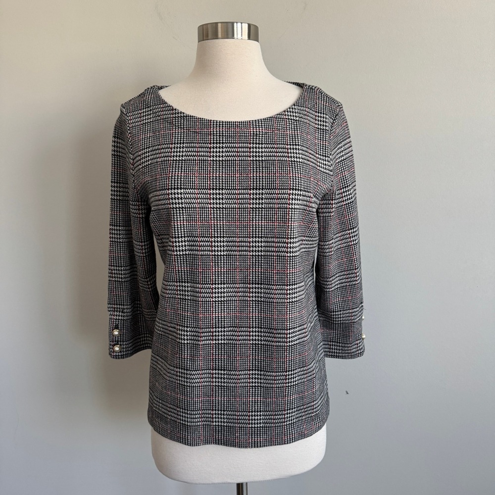 Talbots Petite Large Black White Houndstooth Plaid 3/4 Sleeve Pearl Button Top
